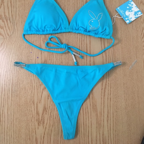 New 2pc Sexy Vintage Playboy Thong Bikini Swimsuit Diamonds Size Large & XL - Picture 2 of 13